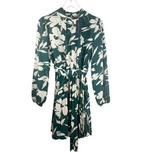 ANNA-KACI New Green & Ivory Floral High Neck Dress with Pleated Skirt Medium